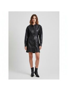 Free People NWT Size 10 Black Faux Leather Shirt Dress Snap Front Western Moto